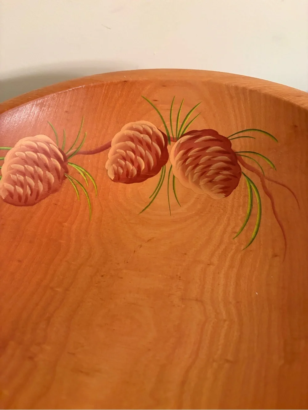 Hand-Painted Pinecone Wooden Serving Bowl — Warm Brown
